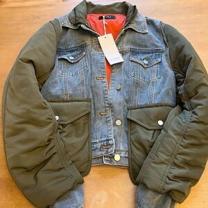 AKIRA Olive Green & Denim Jean Jacket with Orange Lining